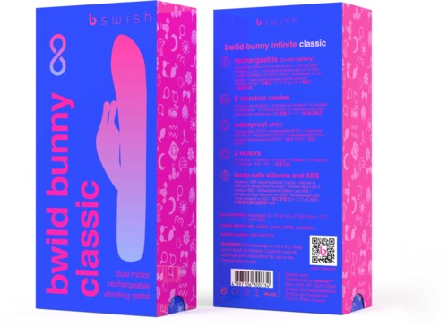Blå och rosa förpackning med kaninillustration och produktspecifikationer listade i blå text.