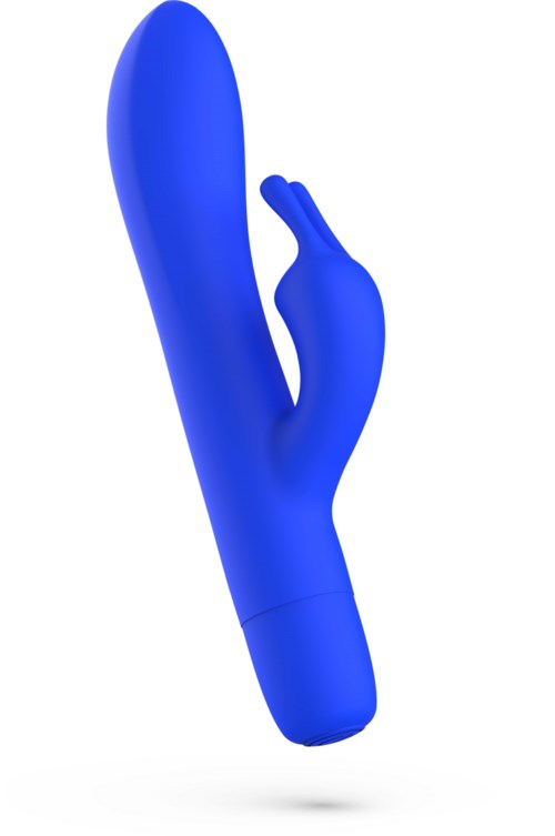 En blå vibrator med en kurvad design och liten utstickare, troligen en sexleksak för personligt bruk.