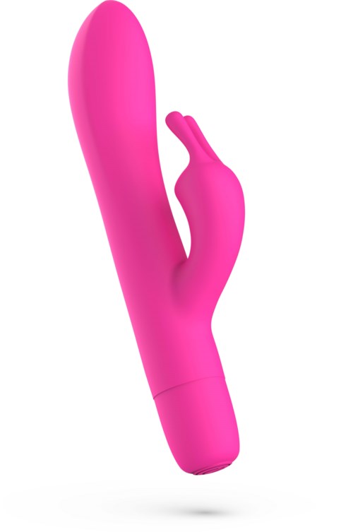 Een roze, gebogen, handbediend apparaat, waarschijnlijk een massager of vibrator.