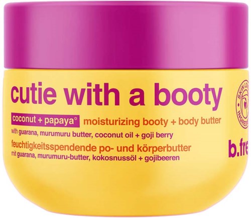 Ein Behälter mit feuchtigkeitsspendender Körperbutter, rosa Deckel, gelber Behälter, lila und orangener Text.