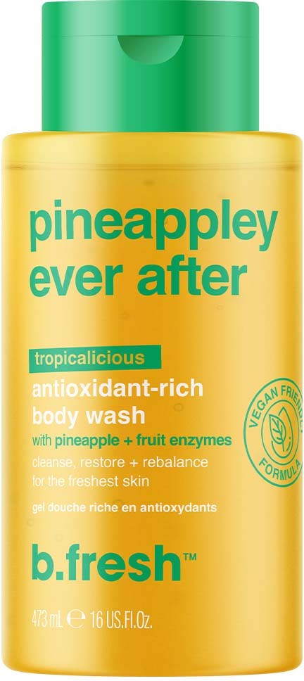 Gelbe Flasche mit grüner Kappe für Ananas-Körperwäsche, enthält Antioxidantien, vegan, mit tropischem Duft.