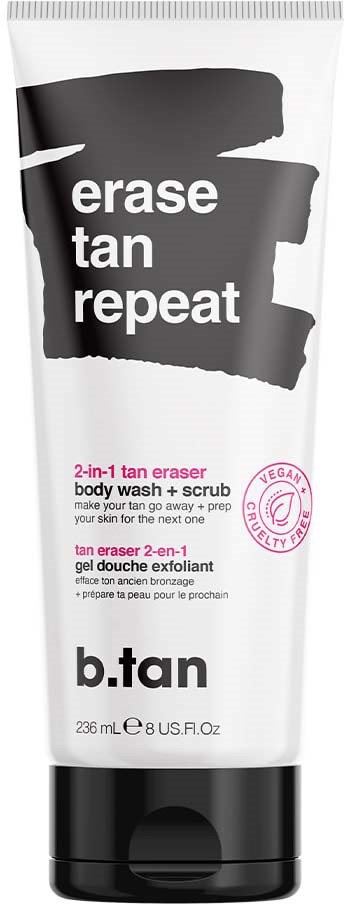 En 2-i-1-brunfjerner kropsvask og scrub, med sort og hvid design, mærket 'erase tan repeat' og 'b.tan'.