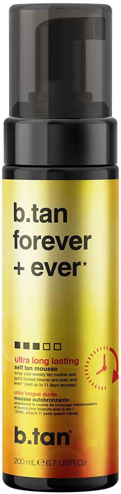 En gul och svart flaska med etiketten 'b.tan forever + ever' och pump; den innehåller en self-tan mousse.