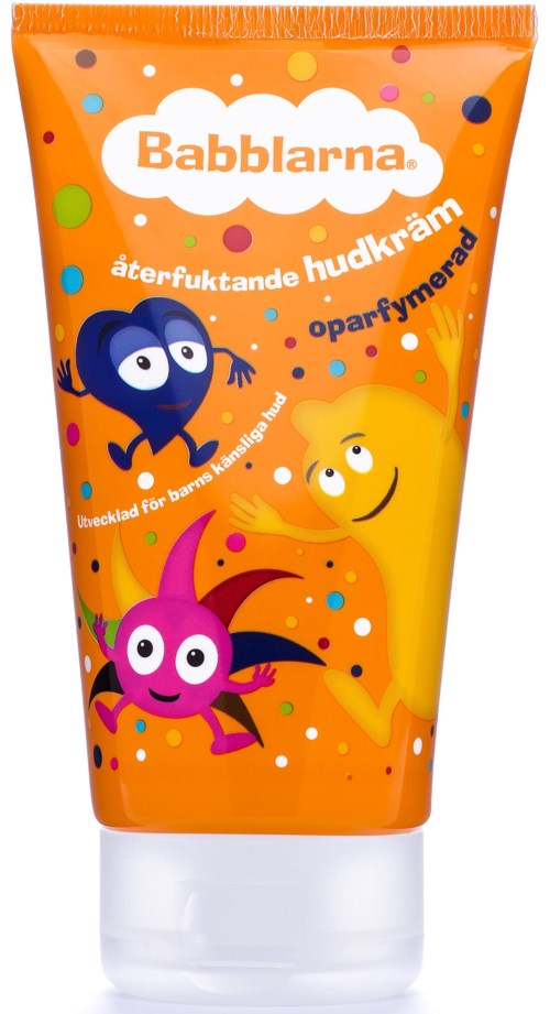 En tub med Babbarna återfuktande hudkräm med färgglada tecknade varelser på orange bakgrund.