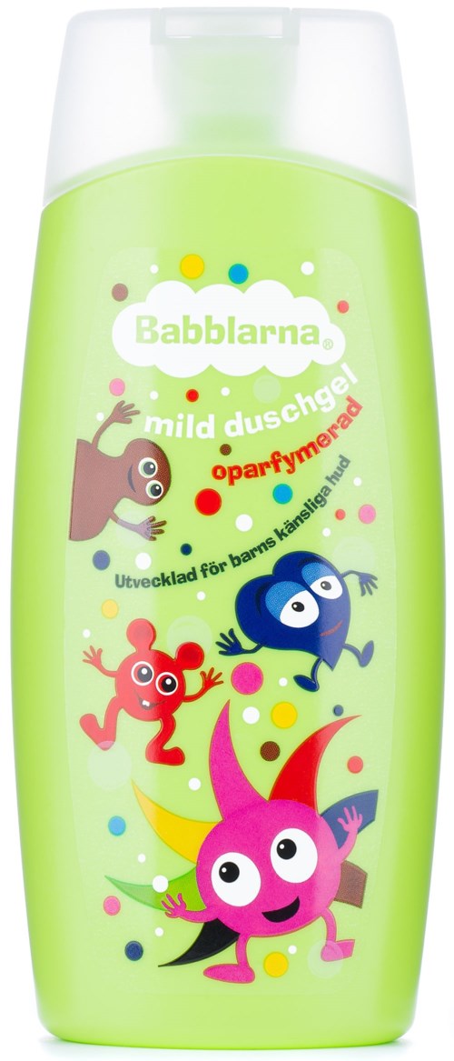 A green bottle with colorful cartoon characters and text promoting baby shampoo. The characters are cute and playful.