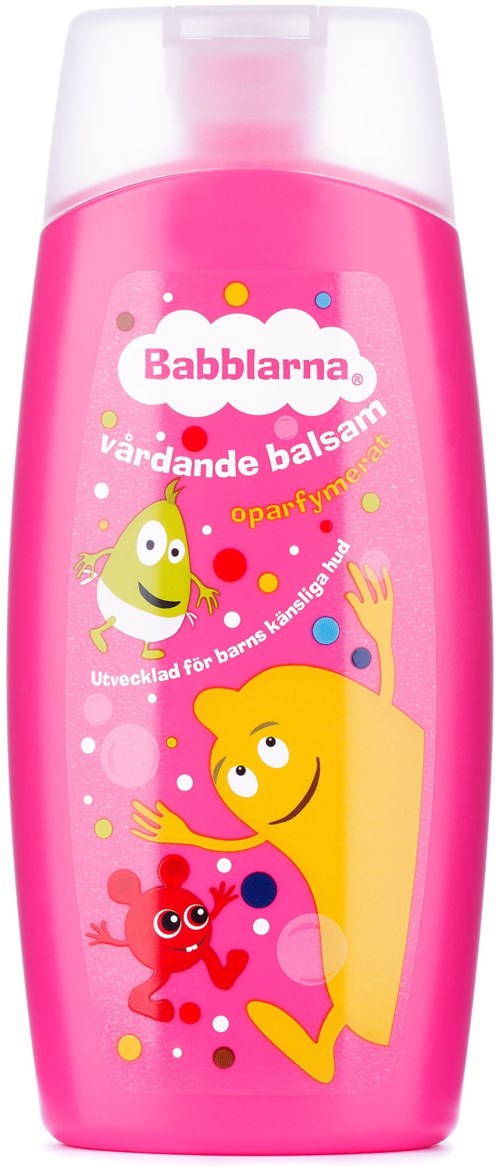 Rosa flaska med Babblarna vårdande balm med lekfulla tecknade figurer på etiketten.