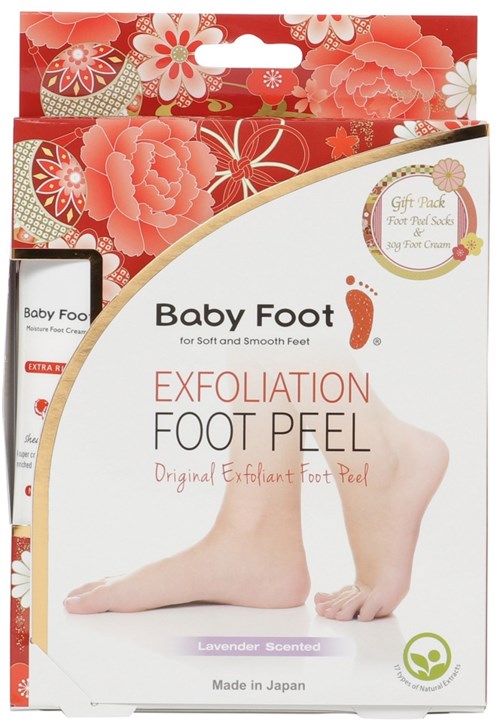 En eske med baby foot peeling, lavendelsmak, for myke og glatte føtter, laget i Japan.