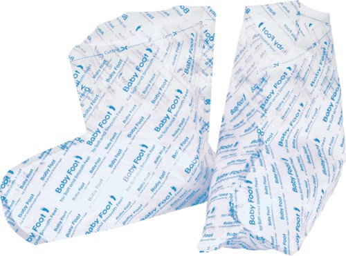 Sterile foot care dressing with the words "Baby Foot" repeated on it, in white and blue.