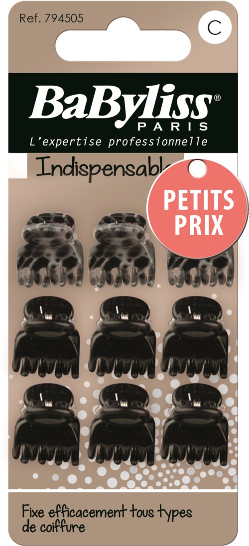 Pakkaus pienistä mustista ponnareista, joista osa on eläinprinttejä, aseteltu kolmeen riviin, käytetään hiusten kiinnittämiseen.