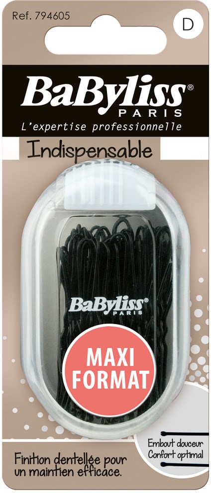 En pakke med svarte hårklemmer merket 'MAXI FORMAT' med hvit BaByliss Paris-merking, i et plastbeholder.