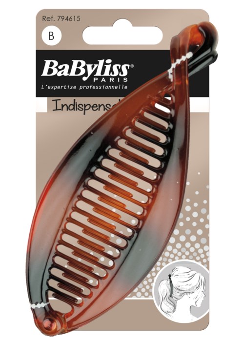 En brun og svart hårspenne i plast, vist på emballasje med en liten illustrasjon av en jente med fletter.