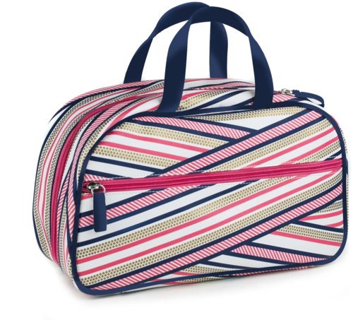 A striped sports bag with pink, white, gold, and navy blue lines, handles, and a front zipper pocket.