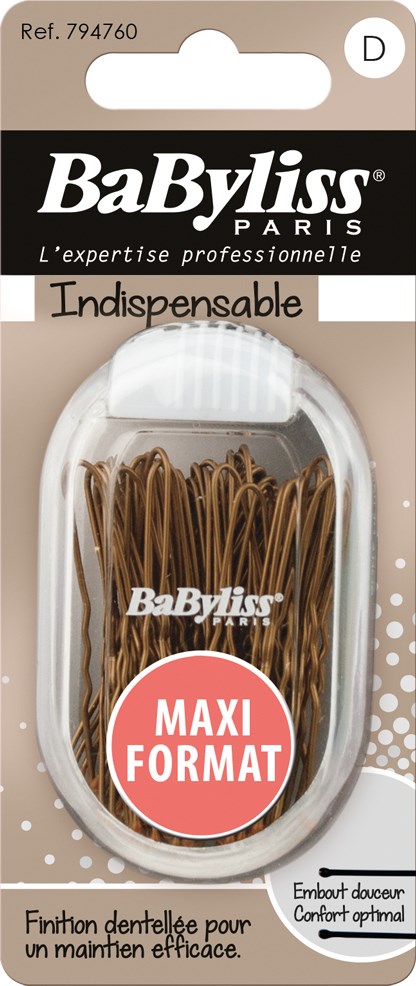 En förpackning med hårnålar märkt BaByliss, med ett vitt klipp och bruna hårnålar inuti. Den står 'Maxi Format' på paketet.