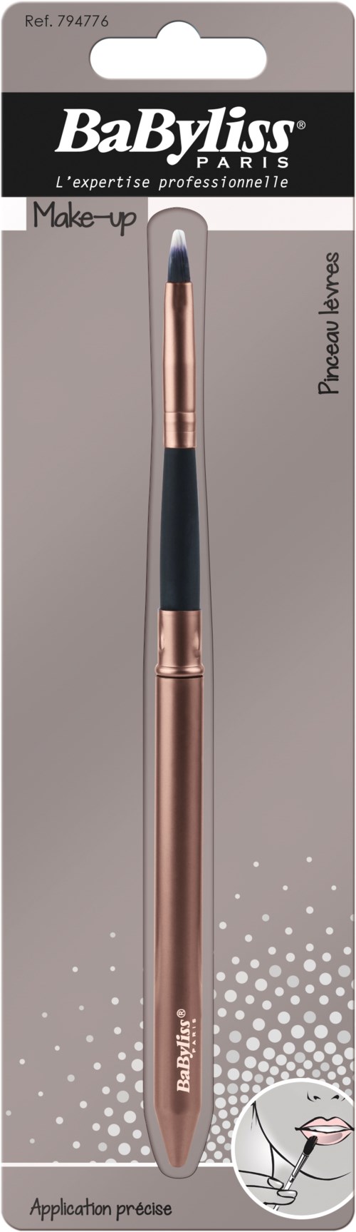En makeupborste med svart handtag och roséguldfäste, i genomskinlig förpackning märkt 'BaByliss Paris' för exakt applicering.