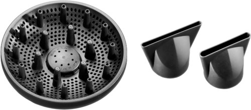 En rund svart hårdiffuser med flera plaststavar och två olika munstyckstillbehör.