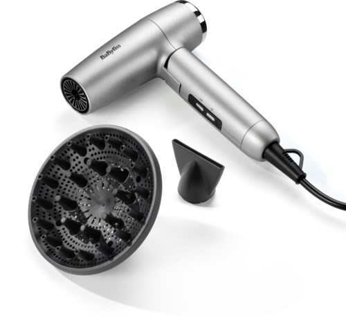 Electric hair dryer with diffuser attachment and two removable parts.