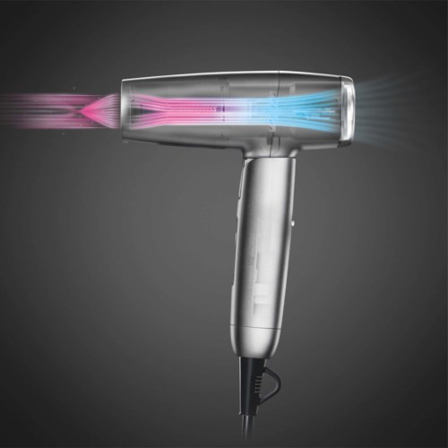 Illuminated hair dryer with pink and blue light streams coming out of the nozzle on a dark background.