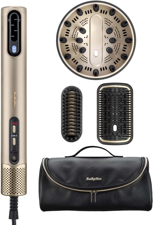 Et sæt hårstylingværktøjer, inklusive en krøllejern, diffuser og en taske i sort og guld.