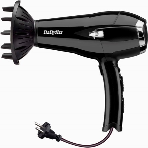 En sort Babyliss hårtørrer med koncentrator, ledning og kontakt.