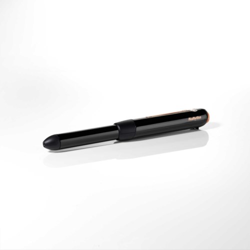 A black highlighter with a sleek design and a visible brand name on the side.