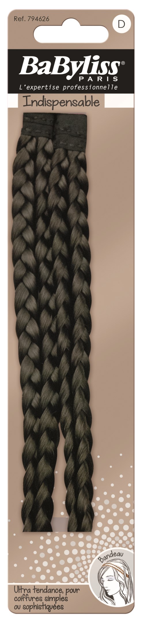 Een verpakking bevat drie gevlochten haarextensions in zwart en grijs met een label van BaByliss. De verpakking is beige met zwarte en witte tekst.