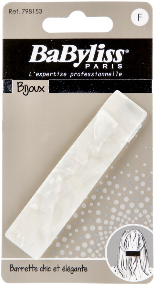 Valkoinen hiuskampa pakkauksessa, mustalla taustalla teksti "BaByliss PARIS" ja pieni kuva hiustylistä.