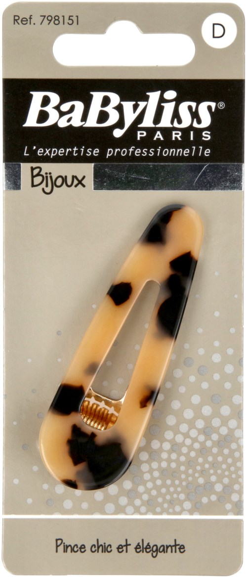 Et hårspænde med leopardprint i beige og sort på emballagen, mærket BaByliss Paris, til stilfuldt og elegant hårtilbehør.