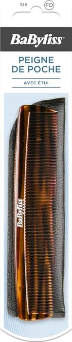 En brun hårkamma med fina tänder i förpackning märkt BaByliss, fickstorlek, med dekorativ förpackning.