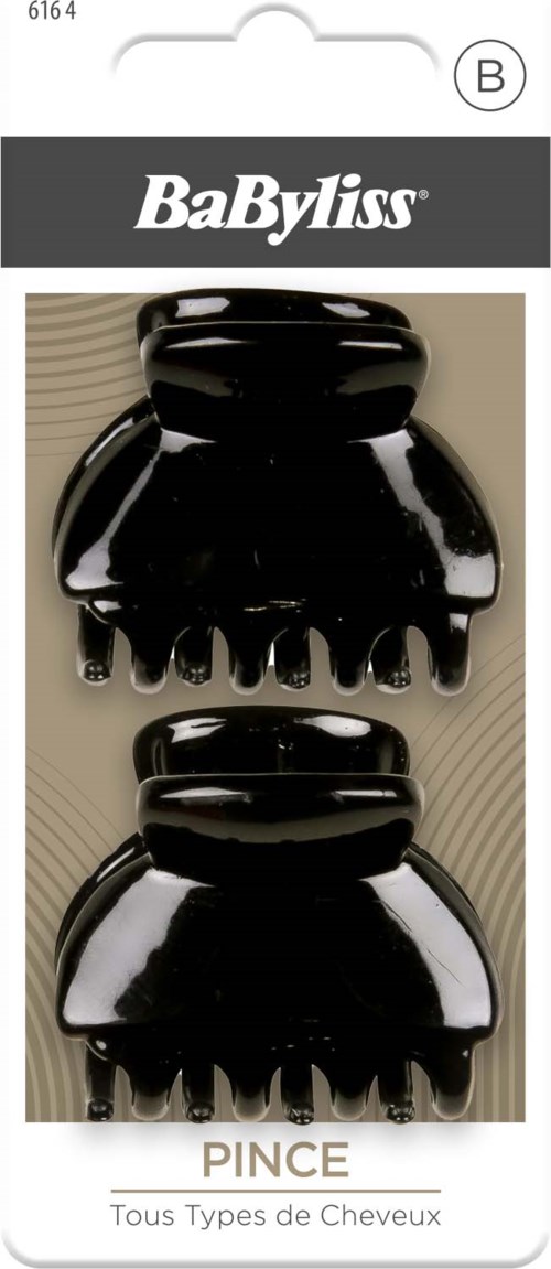 Två svarta hårklämmor med blank finish är fästa på förpackningen. Märket BaByliss står högst upp.