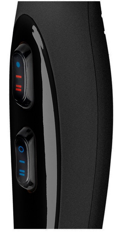En svart enhet med två blå och röda knappar, möjligen en fjärrkontroll eller elektronisk pryl.
