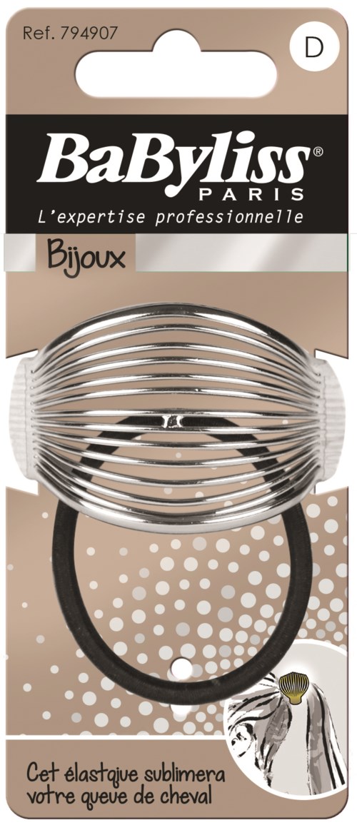 En pakke med skinnende, ovale hårtilbehør med svart elastisk band, designet for hårstyling.