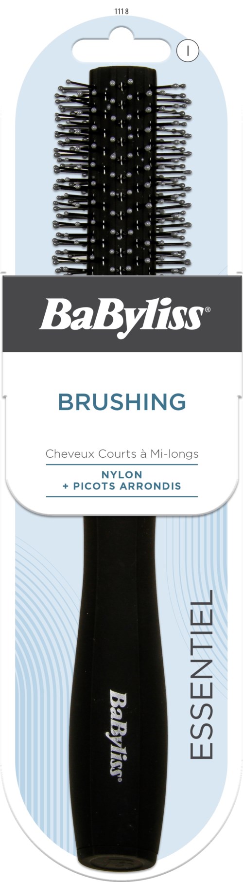 En svart hårborste i förpackning med märket BabyLiss, används för att borsta hår. Den har nylonborst och ett handtag.
