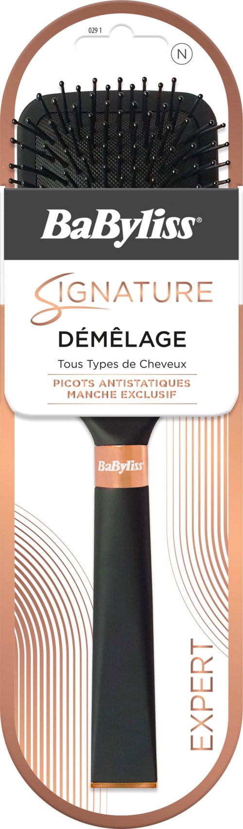 A black hairbrush with a handle, labeled BaByliss, designed for detangling all hair types. The packaging is white and orange.