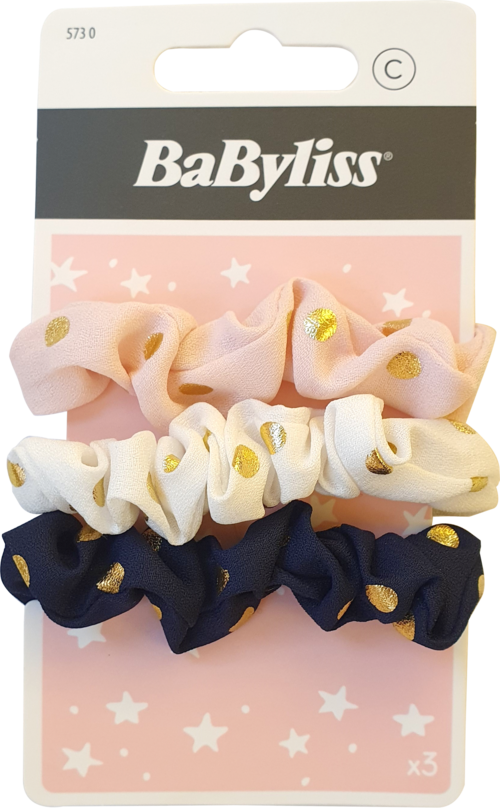 Tre pastellfargede hårstrikk med gullflekker, på BaByliss-emballasje.