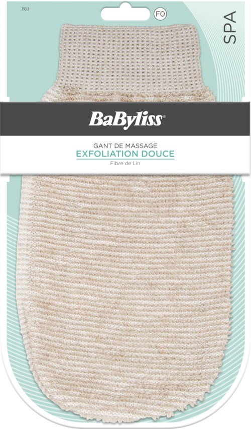 En blød exfolierende massagehandske af bomuld i beige farve, i emballage med mærket Babyliss.