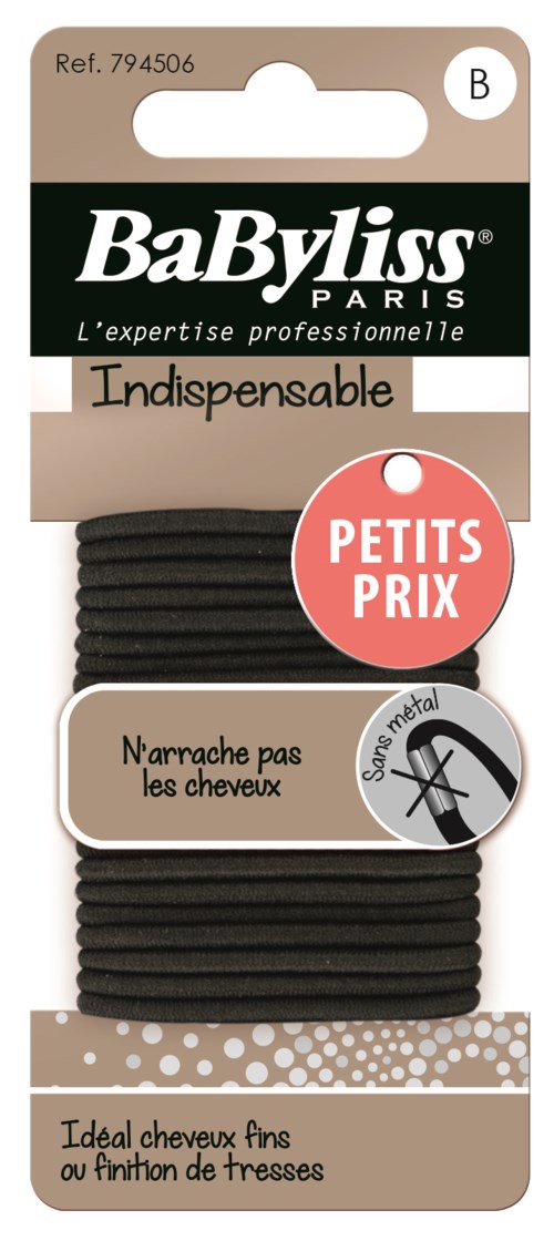 En förpackning med små svarta hårband från BaByliss Paris, lämpad för fint hår eller hårband med band.