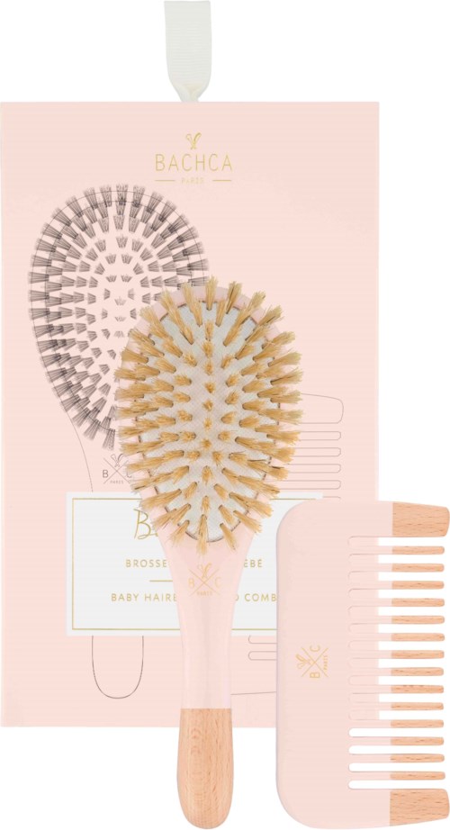BACHCA Baby Kit Brush 100% boar small size + Wooden Comb Pink