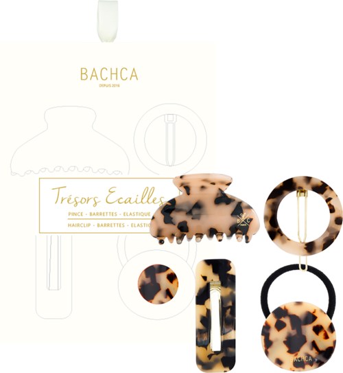 Haarschmuck-Set mit Haarspangen, Ringen und Toupets im Schildpattmuster. Markenname BACHCA und Text Trésors Écaille.