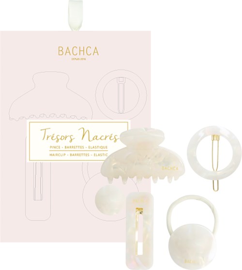 Haarclip-Set mit vier Accessoires auf rosa Verpackung, bezeichnet "Bachca" und "Tresors Nacres."