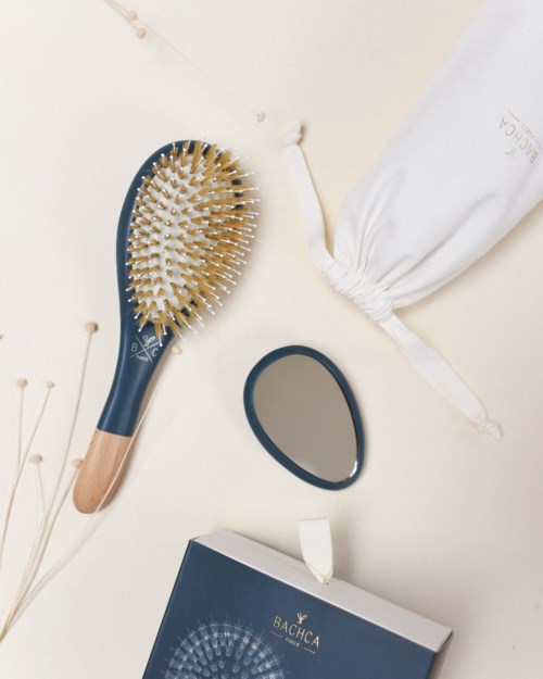 BACHCA Hair Kit Brush Boar and Nylon + wooden mirror + cotton pouch