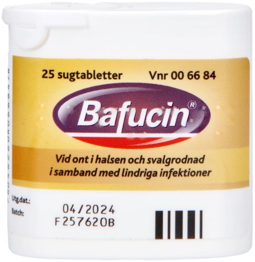 En burk med Bafucin halstabletter, 25 stycken, för halsont och hosta, med bäst före-datum april 2024.