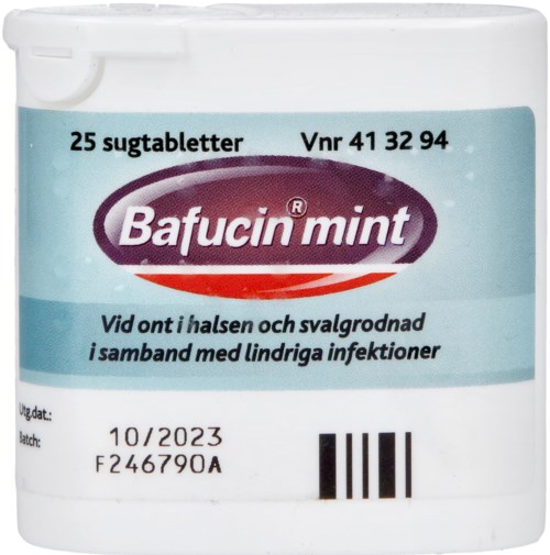 Etikett för Bafucin mint halstabletter, 25 tabletter, med utgångsdatum oktober 2023, och streckkod.