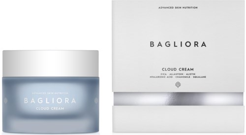 Een pot en doos van Bagliora Cloud Cream, een huidverzorgingsproduct, met eenvoudige witte en blauwe verpakking.
