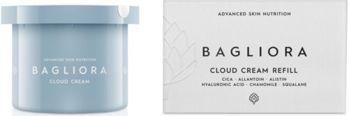 Een pot Bagliora cloud cream met bijbehorend doosje die ingrediënten en merknaam toont.