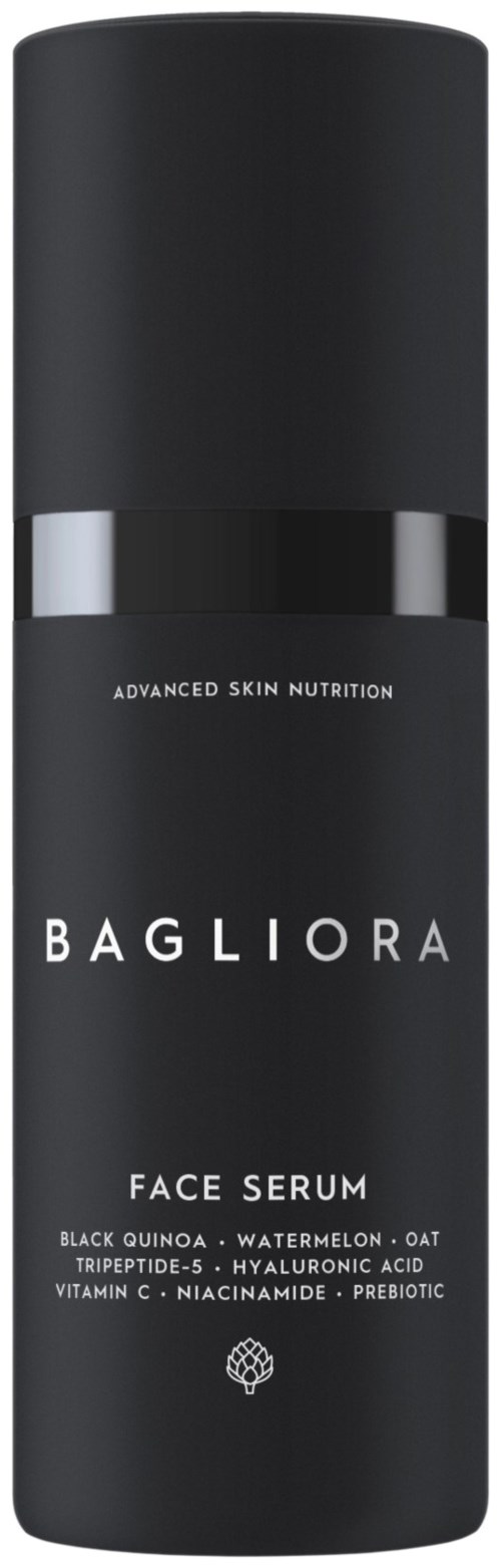 Czarna butelka z napisem 'Bagliora Face Serum' i składnikami pod spodem.