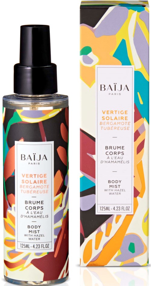 En färgglad kroppssprayflaska och matchande förpackning med abstrakt design, märkt 'BAÏJA Paris Vertige Solaire Bergamoté Tubéreuse'.