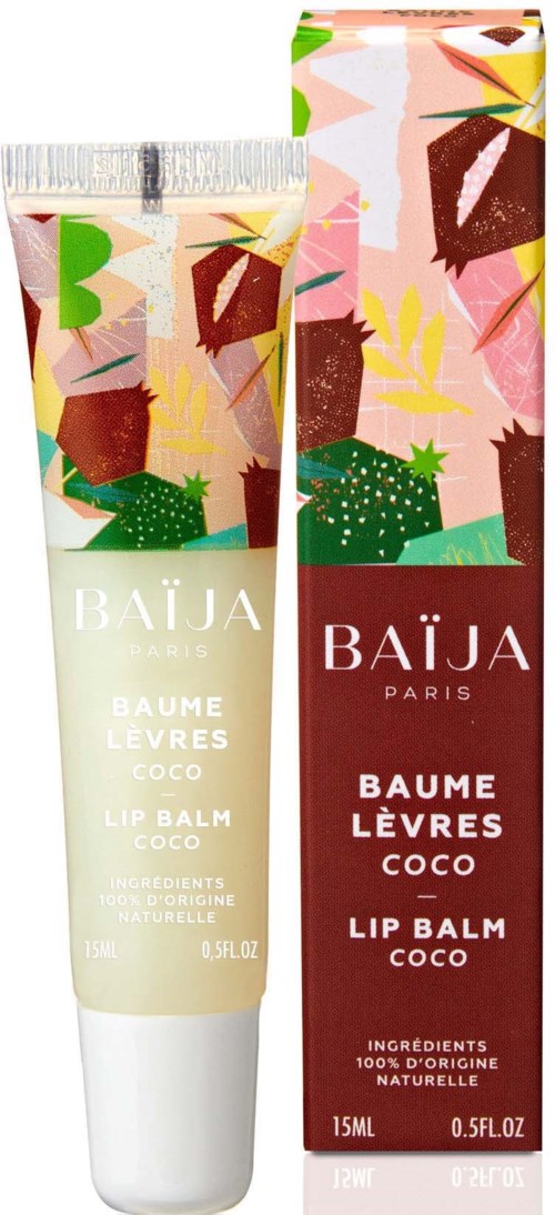 Ein Lippenbalsamstift und eine Schachtel mit bunten, abstrakten Mustern und grünen Kaktusillustrationen.