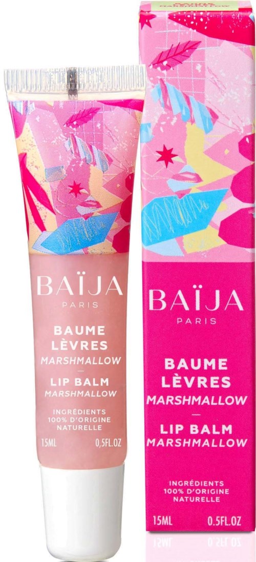 Lip balm tube and box with colorful, abstract design in pink, blue, and yellow, labeled 'Marshmallow' and 'BAÏJA Paris'.