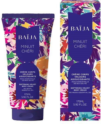 Illustration av en Baïja Minuit Chéri mjukgörande velvet body cream tub och box med färgglada abstrakta mönster.
