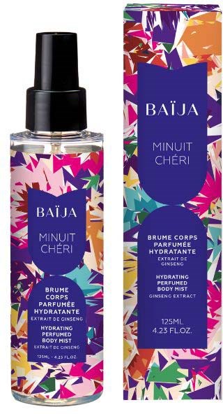 Färgglad blomstermönstrad box och sprayflaska med återfuktande kroppsspray med ginseng, 125 ml.